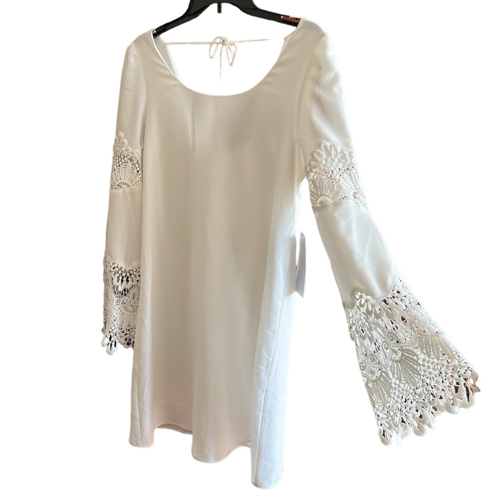 HYFVE white slip on dress with lace at sleeves back V with ties size Med…